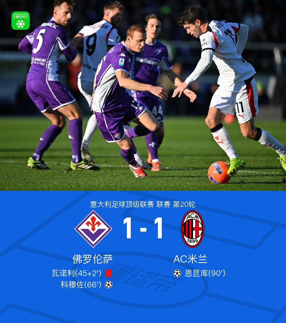 剑南春丨米兰客场1-1佛罗伦萨,科穆佐破门,恩昆库绝平